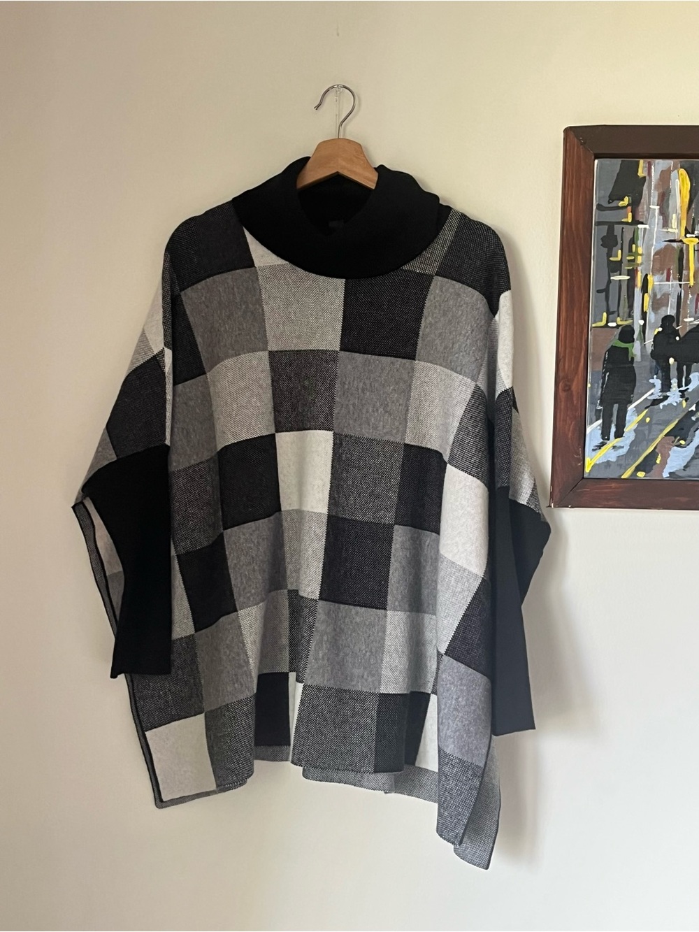 Elena Wang Buffalo Check Turtleneck Pullover Poncho Oversized Medium